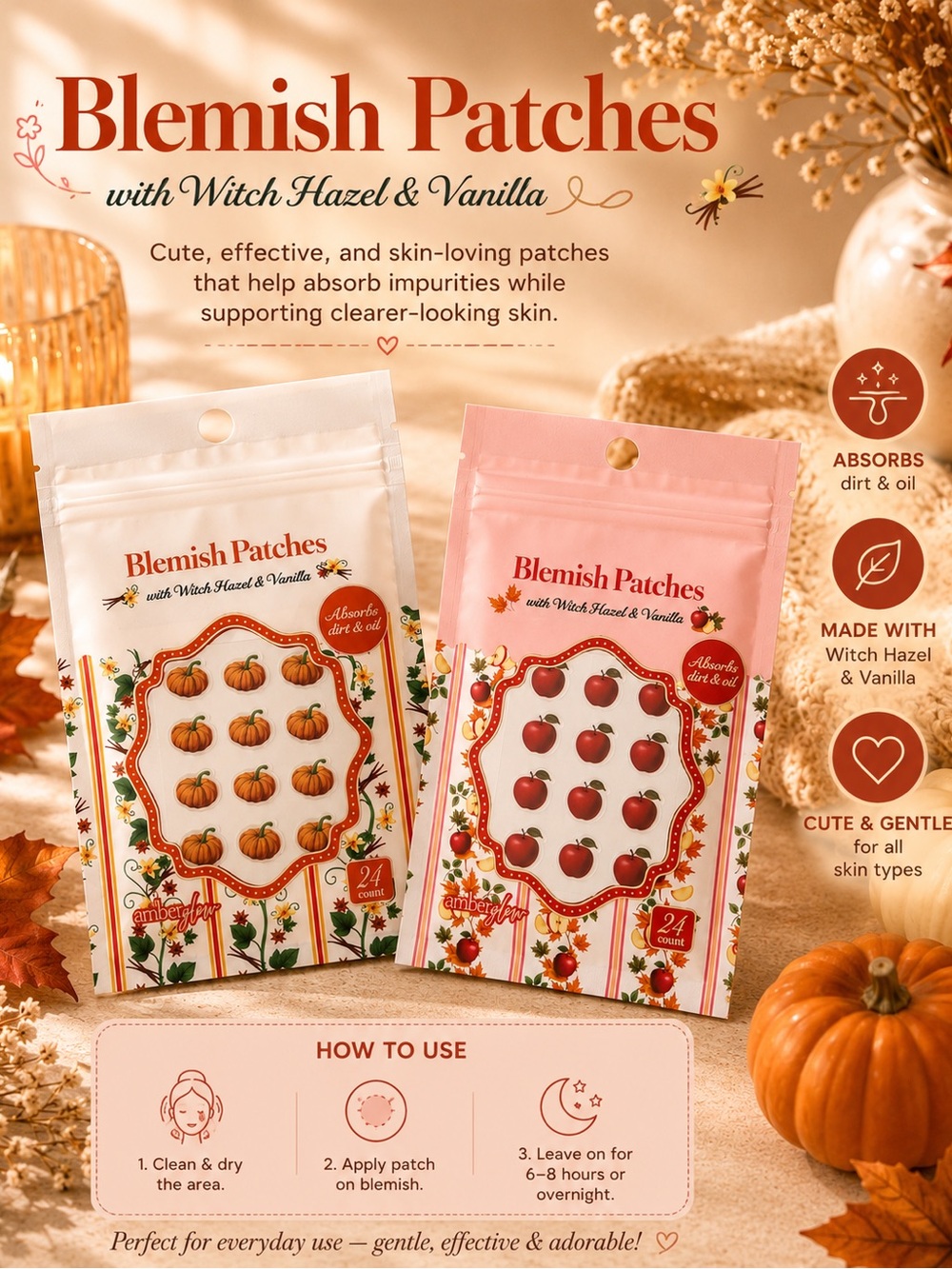 Blemish Patches with Witch Hazel & Vanilla - Pumpkin & Apple Designs